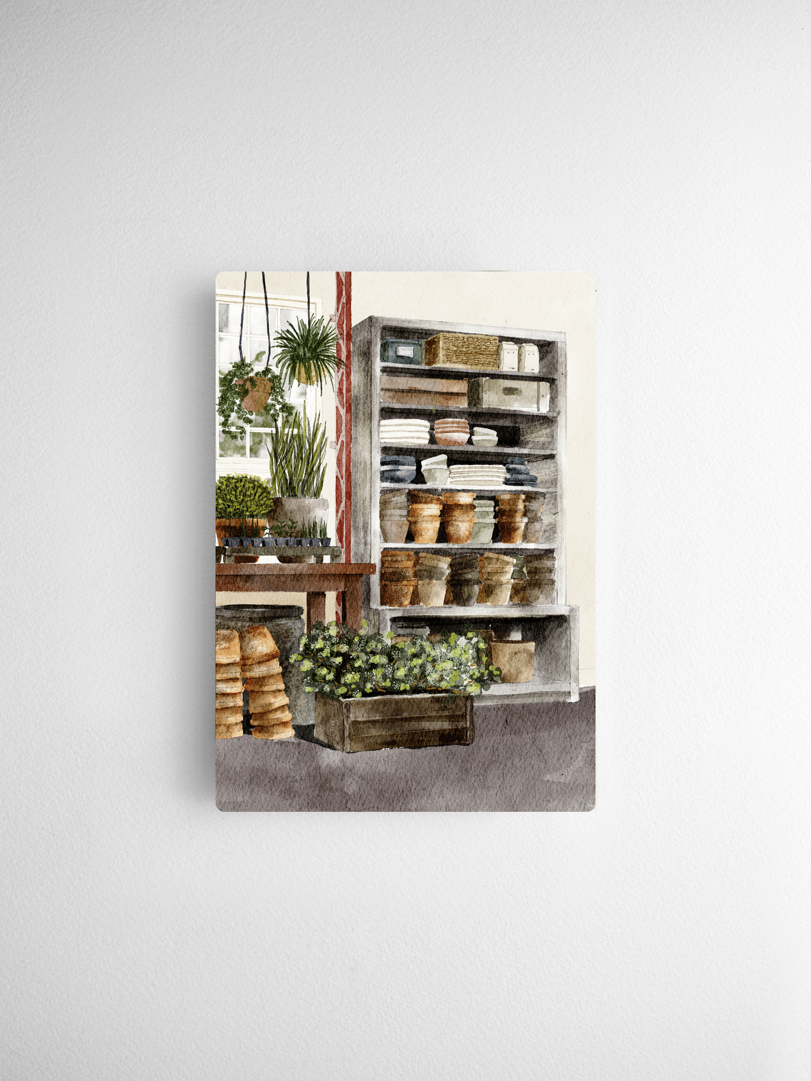 Watercolor illustration of a cozy corner featuring stacked decorative objects on open shelving and lush potted green plants.