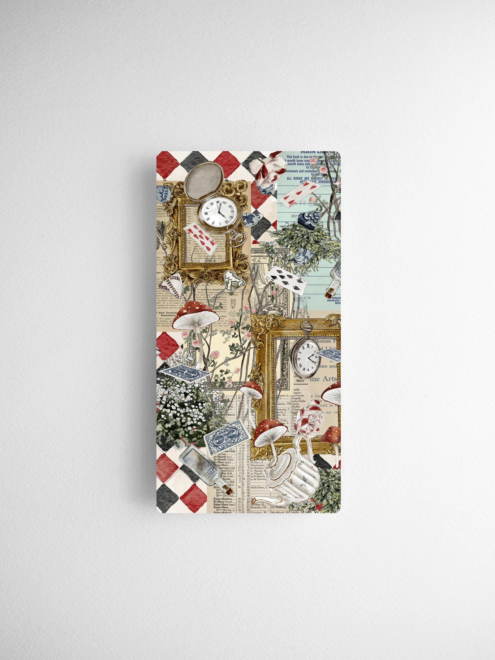 Whimsical calendar card set featuring a detailed vintage collage of mushrooms, antique clocks, floral illustrations, and ornate border elements.