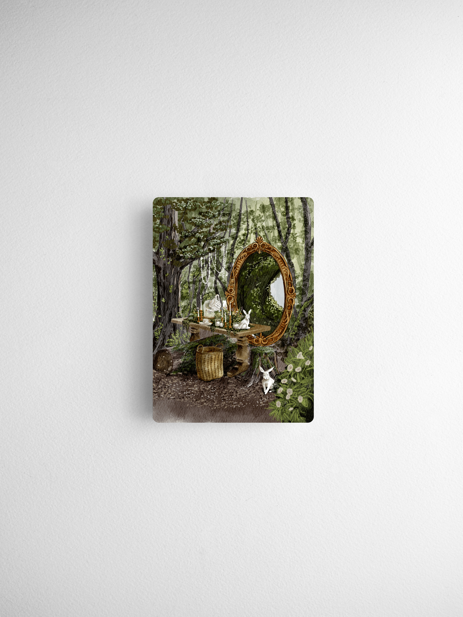 Detailed illustration of a woodland scene featuring a rustic mirror, fresh spring flowers, and small white animals, designed for the 2026 Calendar Cards.