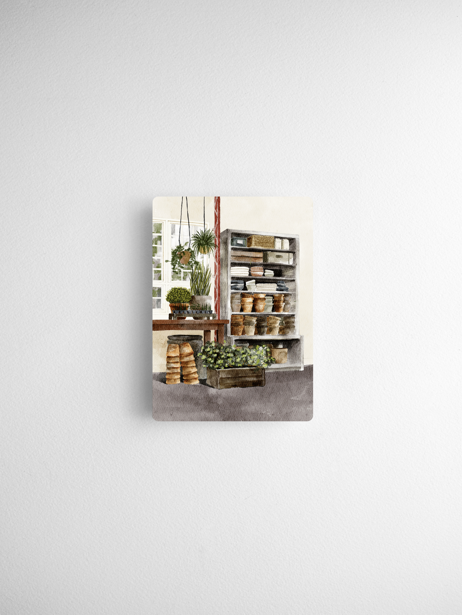 Watercolor illustration of a cozy, rustic indoor shelf displaying tropical potted plants, decorative jars, and stacked books.