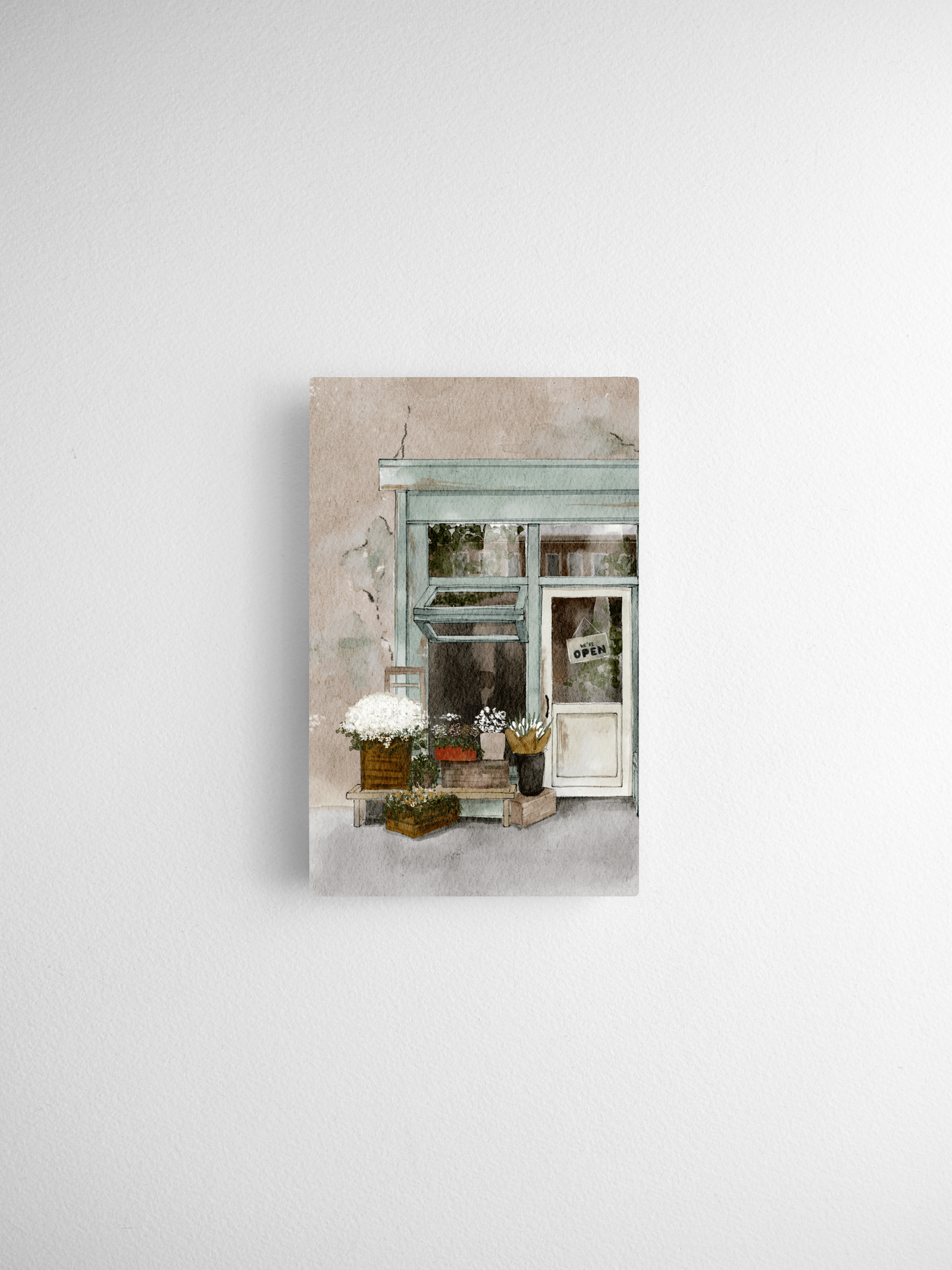 Watercolor illustration of a charming, weathered storefront with potted plants and an "OPEN" sign, perfect for decorative calendar cards.