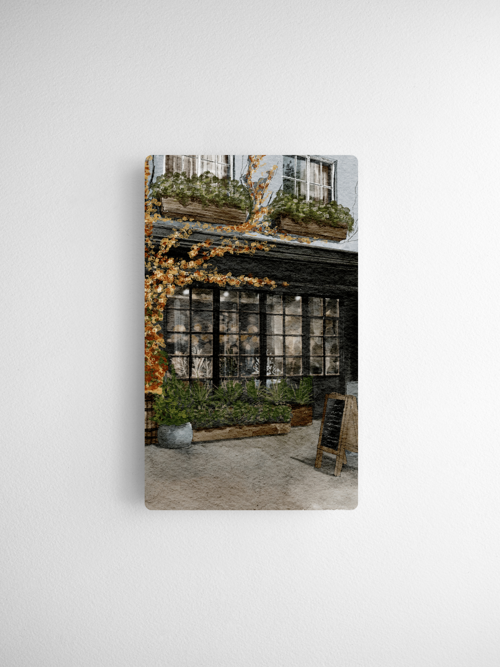 Moody autumnal street scene featuring overgrown ivy vines climbing over the gridded windows of a weathered, rustic building facade.