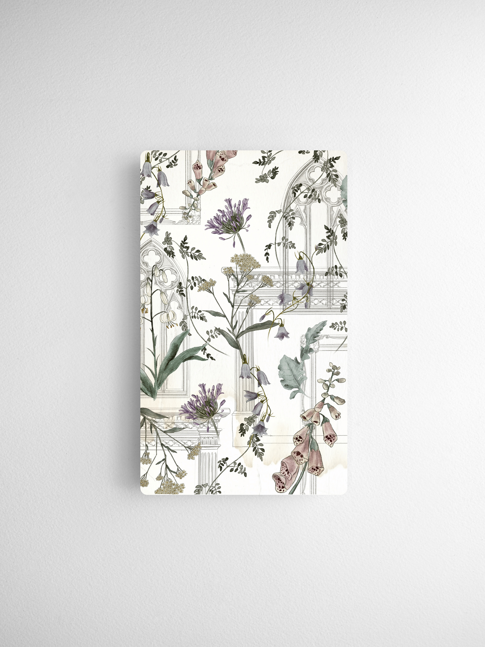 Elegant botanical calendar card featuring purple lilac blooms, dusty foliage, and delicate architectural details printed in soft, muted watercolors.