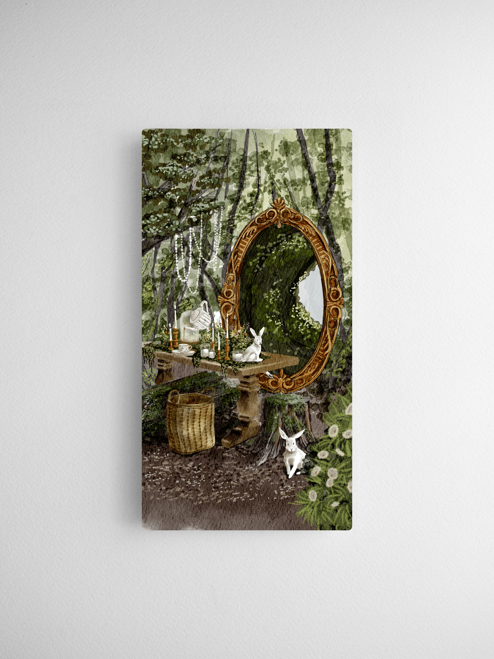 Detailed spring woodland illustration featuring rabbits, lush greenery, and an ornate antique mirror set on a mossy stone altar.