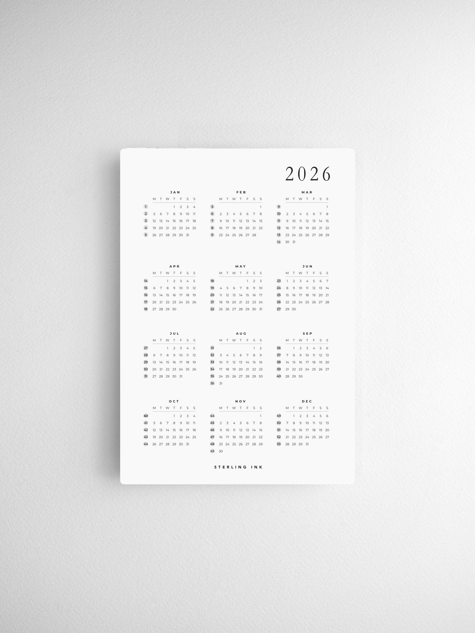 Comprehensive B6 calendar card set for 2026, displaying all twelve months in a clean, organized black-and-white grid layout for easy year planning.