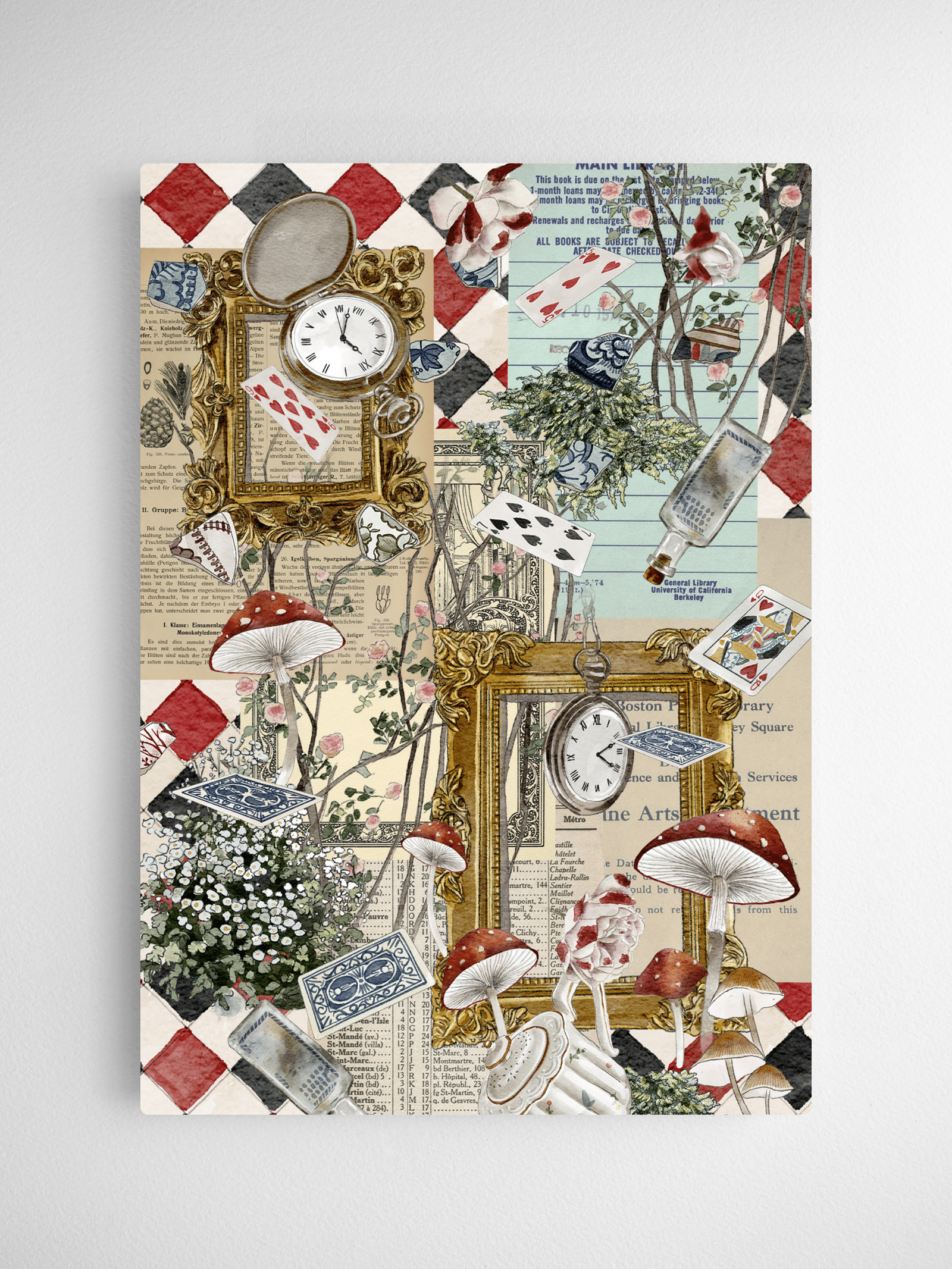 Ornate B5 calendar card collage featuring sepia-toned clocks, whimsical red mushrooms, and detailed botanical florals in a maximalist vintage style.
