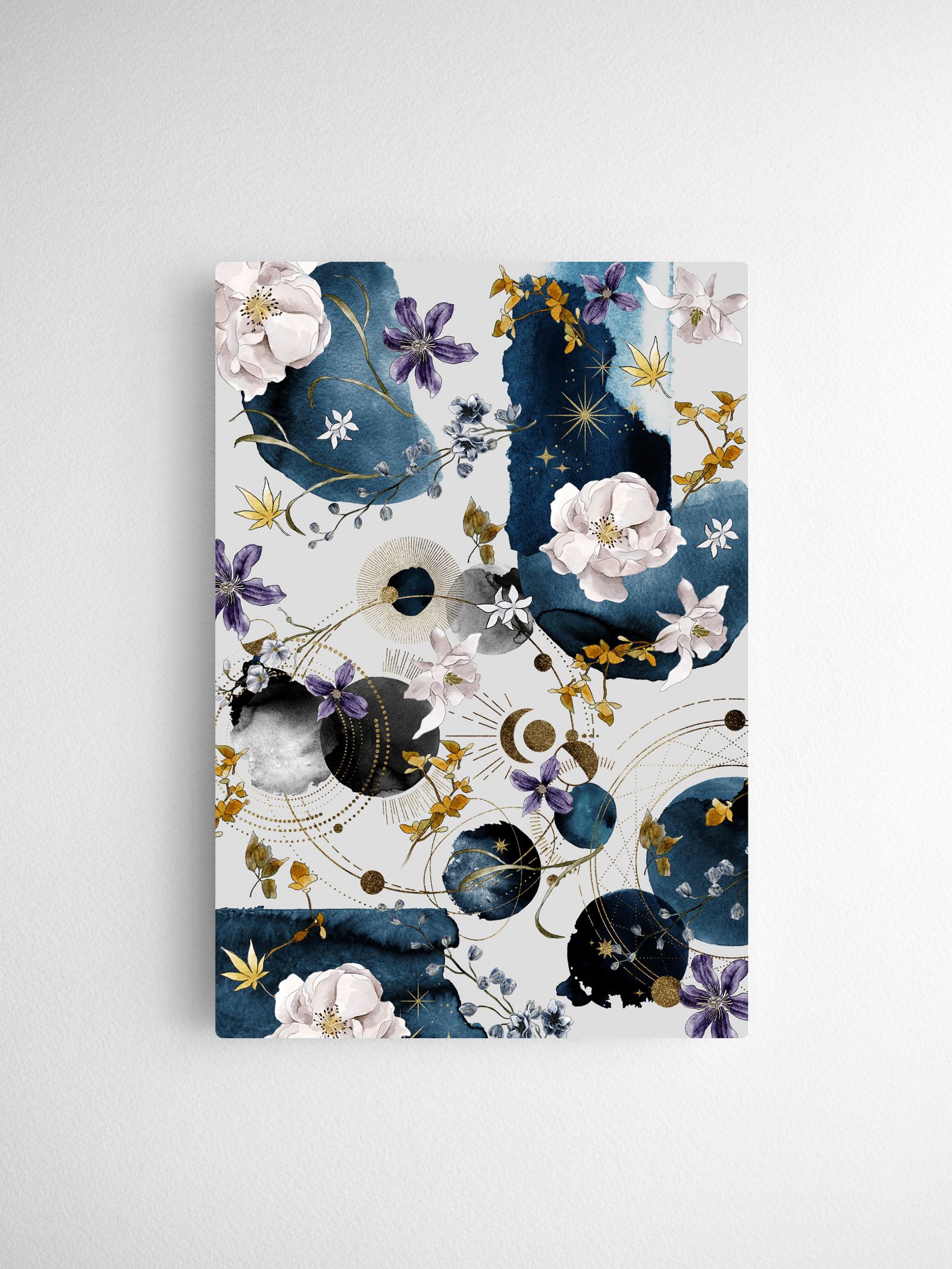 Rich watercolor botanical and celestial pattern featuring deep indigo washes, delicate blooming peonies, and scattered gold foil accents.