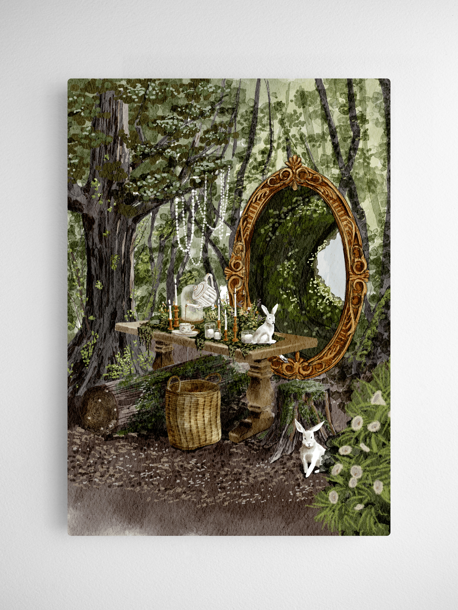 Enchanting woodland calendar card featuring an antique mirror, small table, and delicate white rabbits among lush, overgrown spring greenery.