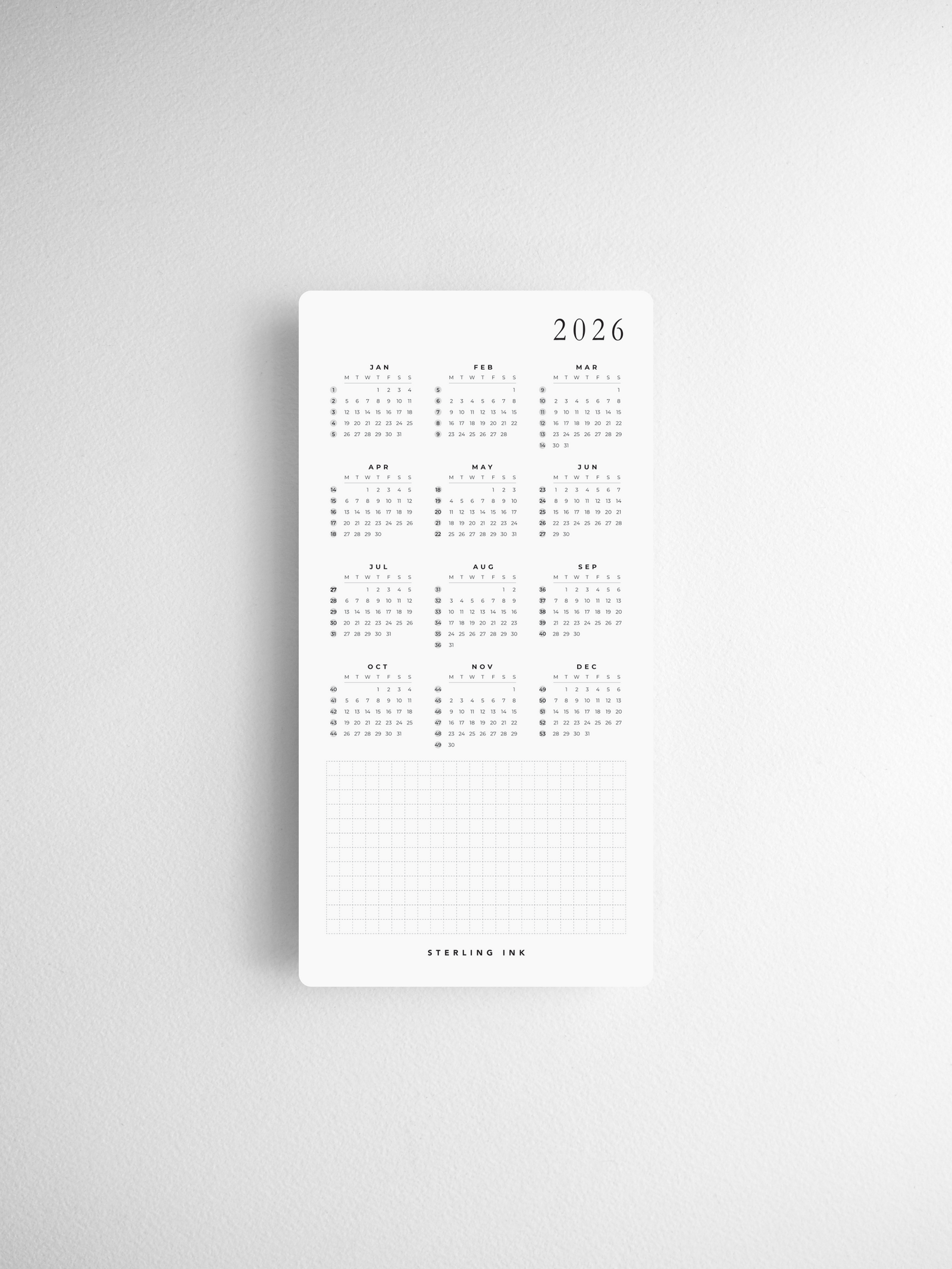 Minimalist printable 2026 calendar cards featuring a clean annual spread with black text on a white background, perfect for year planning and organization.