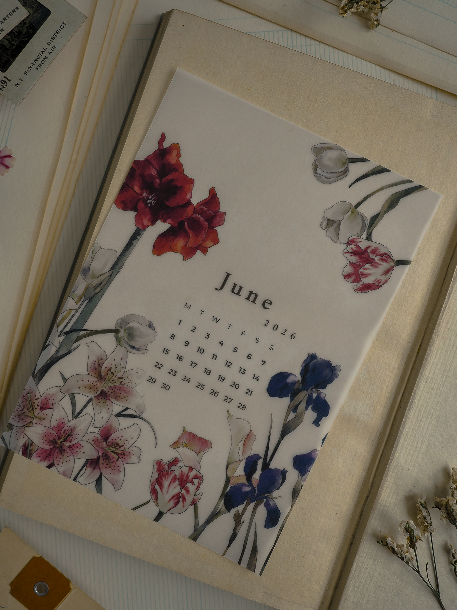 Calendar with floral design and 'June' text on a beige background