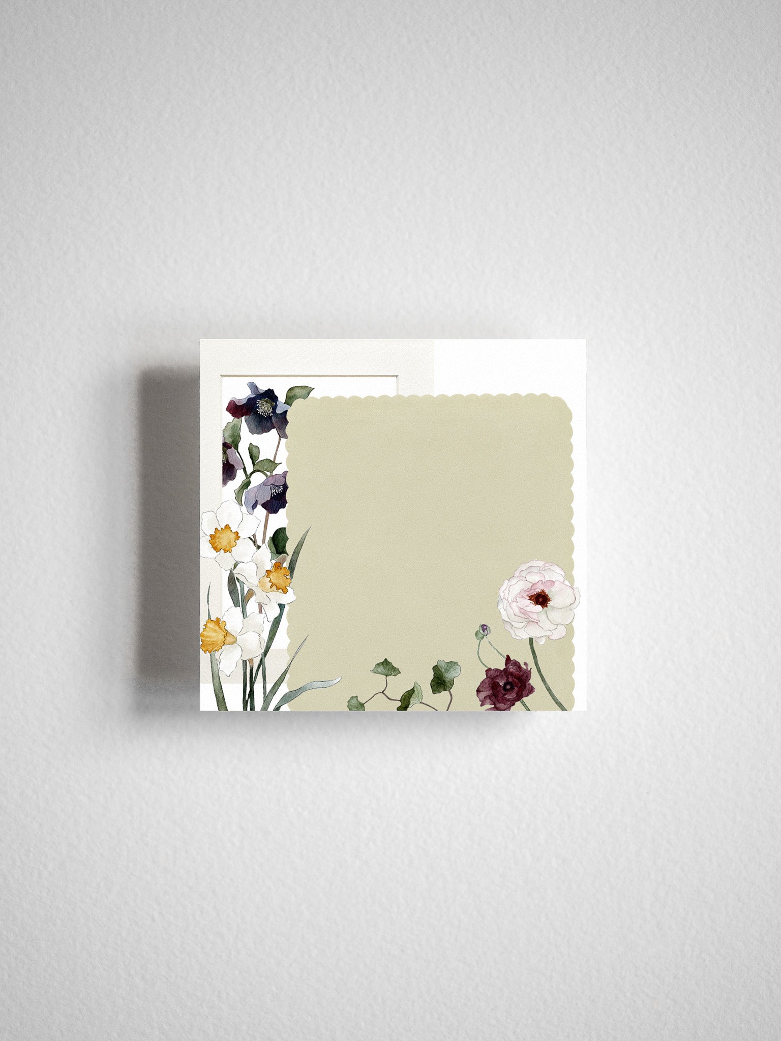 Elegant sticky note border decorated with watercolor illustrations of a cottage life spring garden, featuring white peonies, daffodils, and various wildflowers.