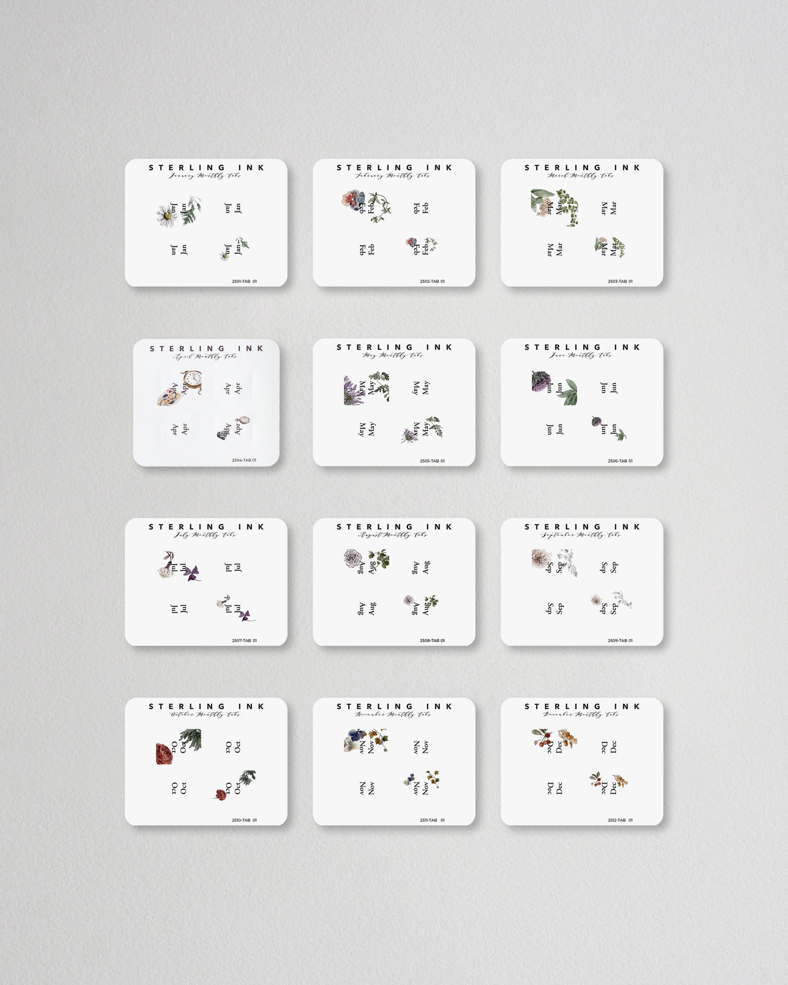 Complete monthly tab sticker set featuring whimsical seasonal illustrations and holiday themes from January to December for journaling and planners.