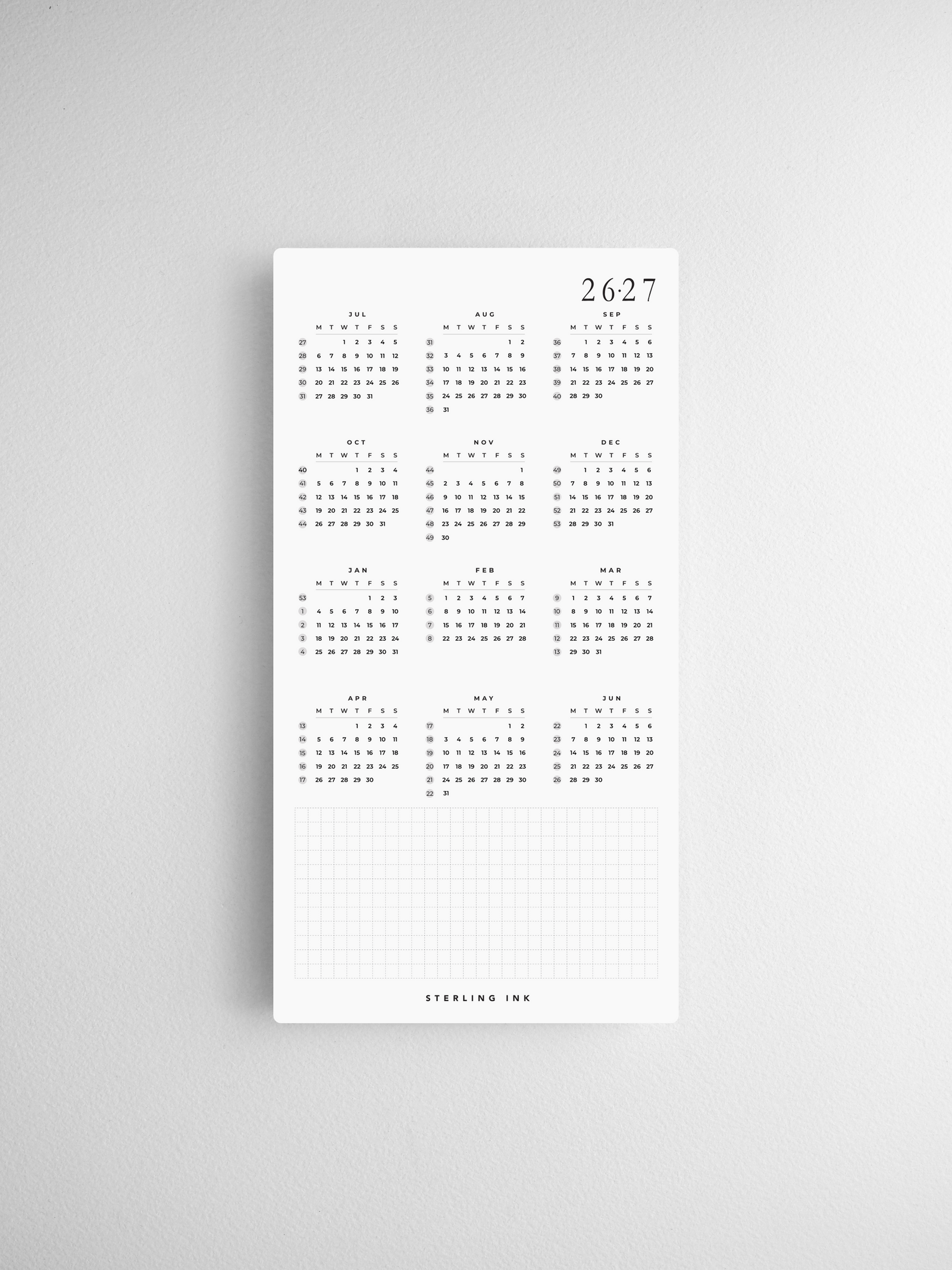 Minimalist calendar set featuring printable black-on-white monthly cards for 2026 and 2027, providing an organized layout for two full years.