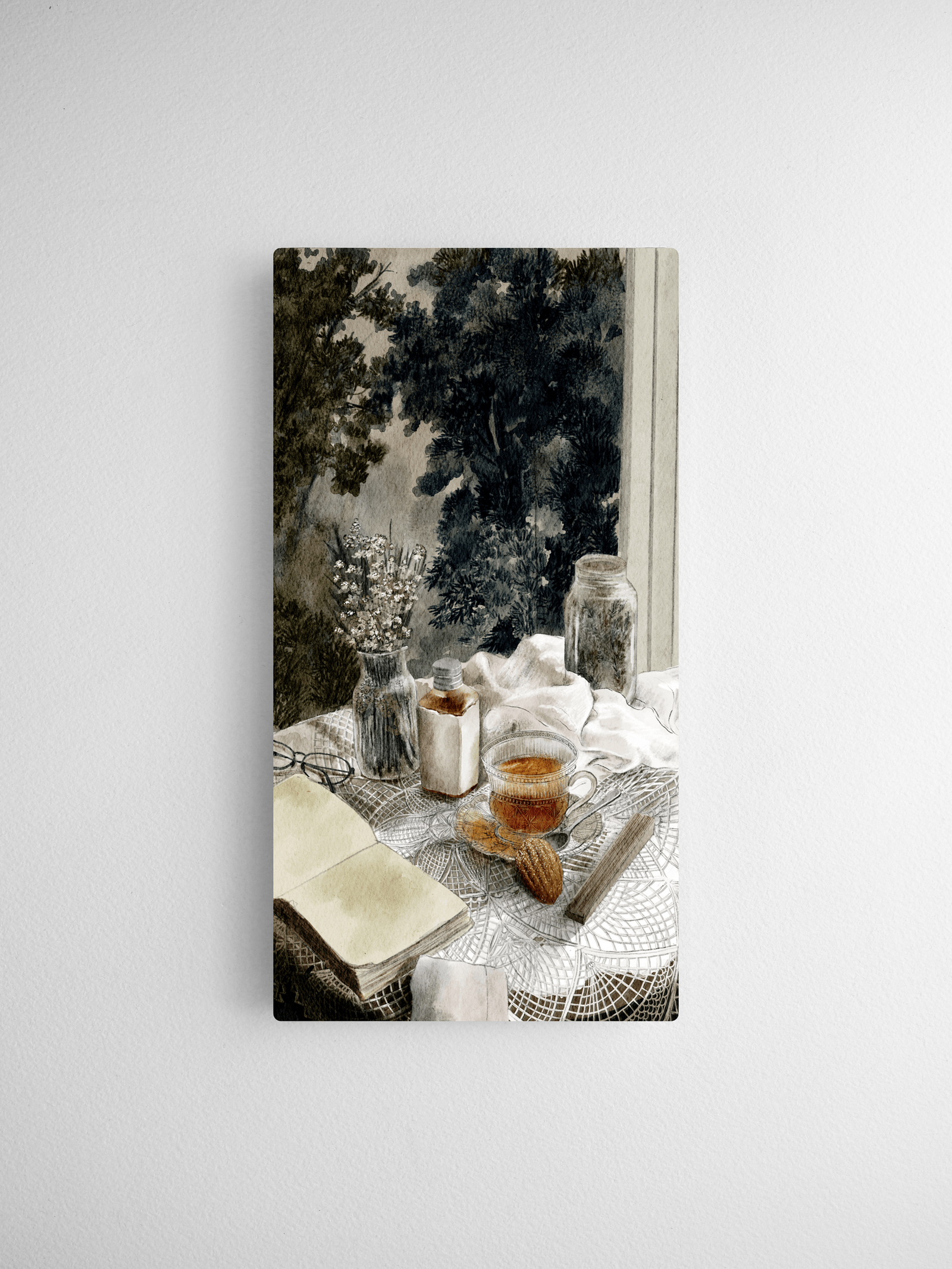 Rustic watercolor sketch depicting a still life scene with coffee, flowers, an open book, and jars in deep greens and natural tones.