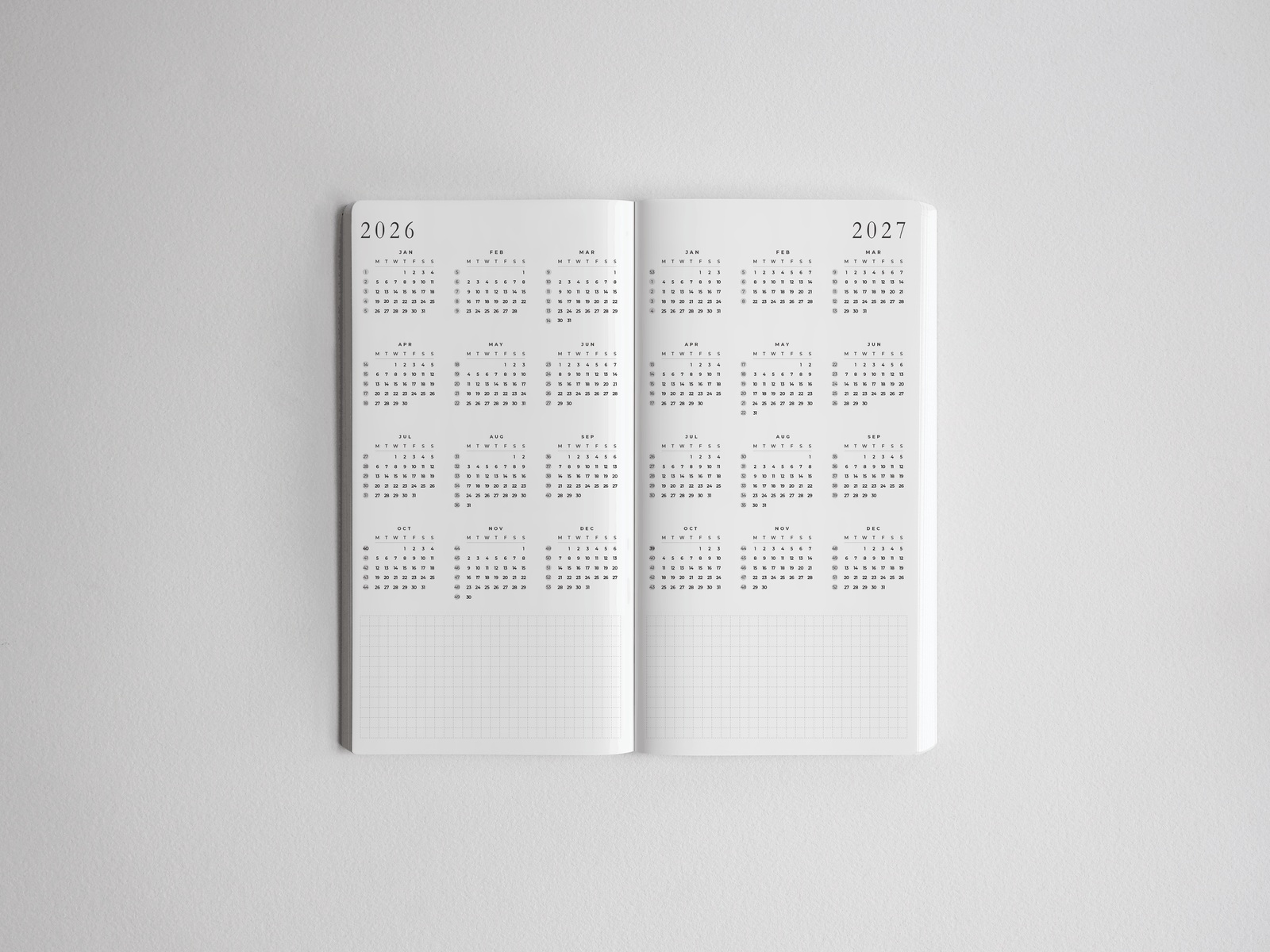 Detailed two-year academic planner spread displaying crisp, functional daily and monthly grids for 2026 and 2027.