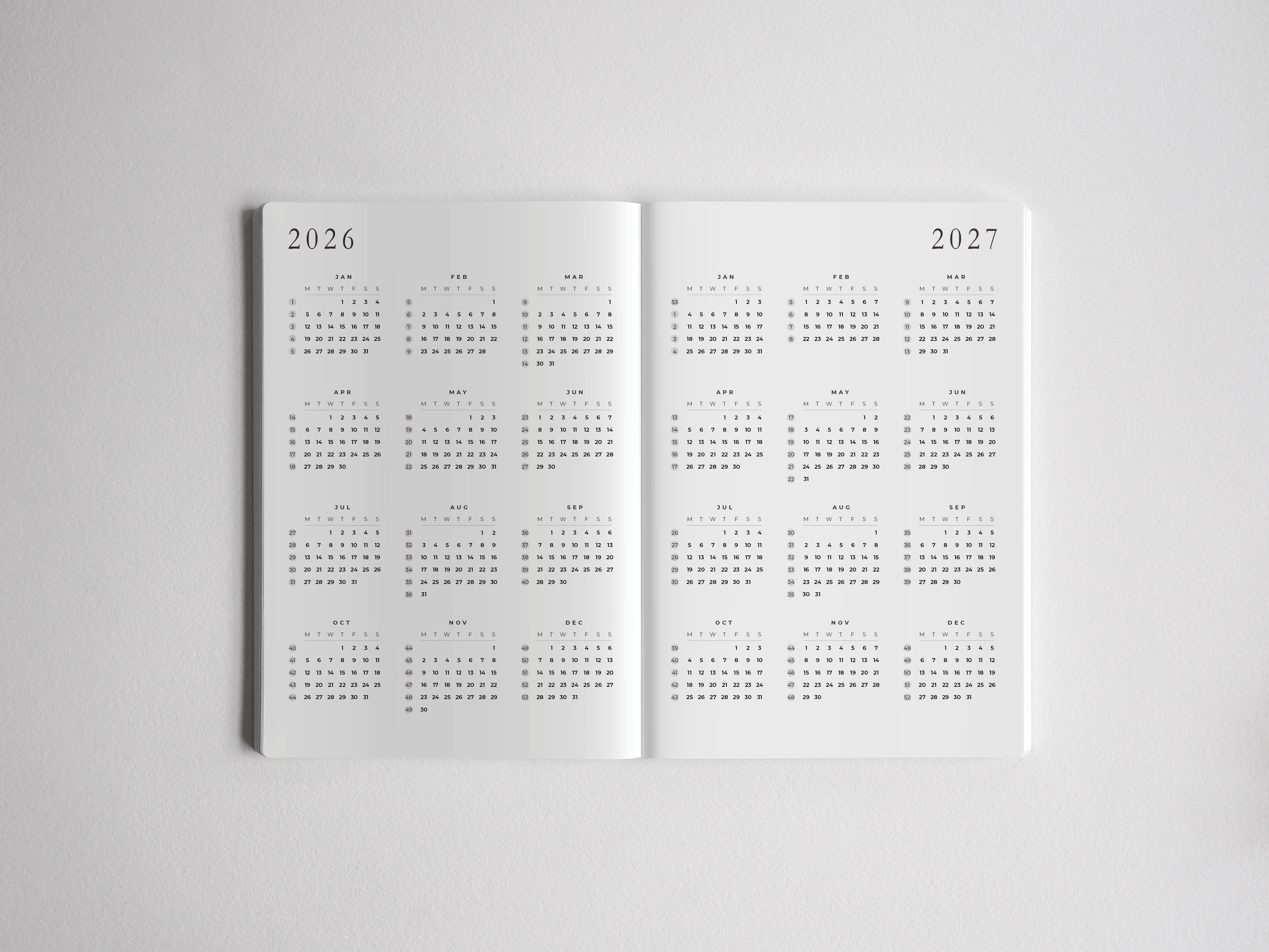 Academic two-year planner spread covering 2026 and 2027, featuring clean black-and-white vertical calendar grids for comprehensive organization.