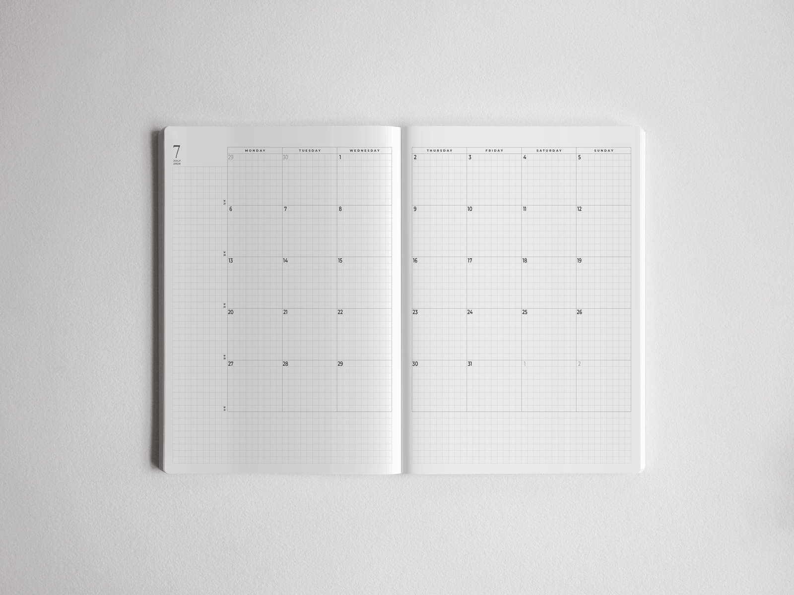 Open A5 academic planner displaying clean, gridded weekly spreads and daily layouts designed for full-year student scheduling and organized note-taking.
