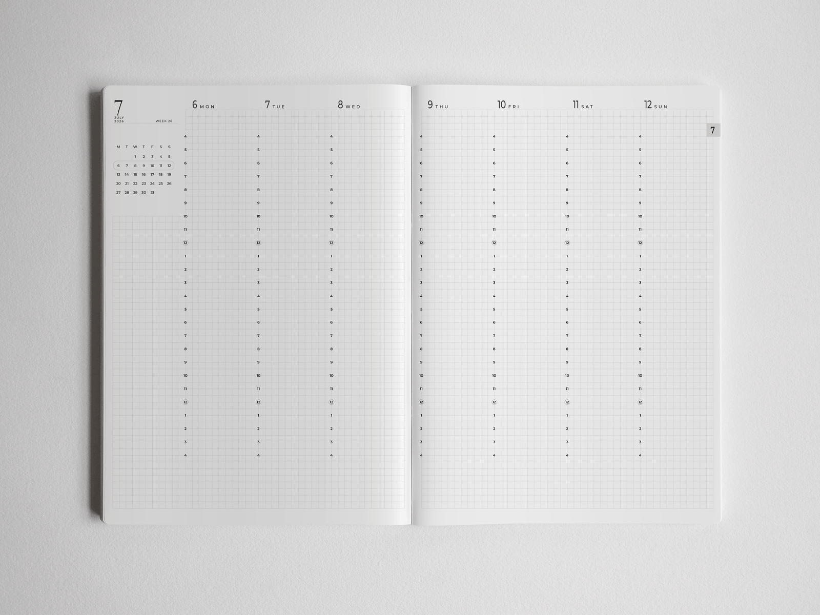 Comprehensive academic planner spread featuring crisp white pages and structured black grids designed for year-long scheduling and detailed planning for 2026-2027.
