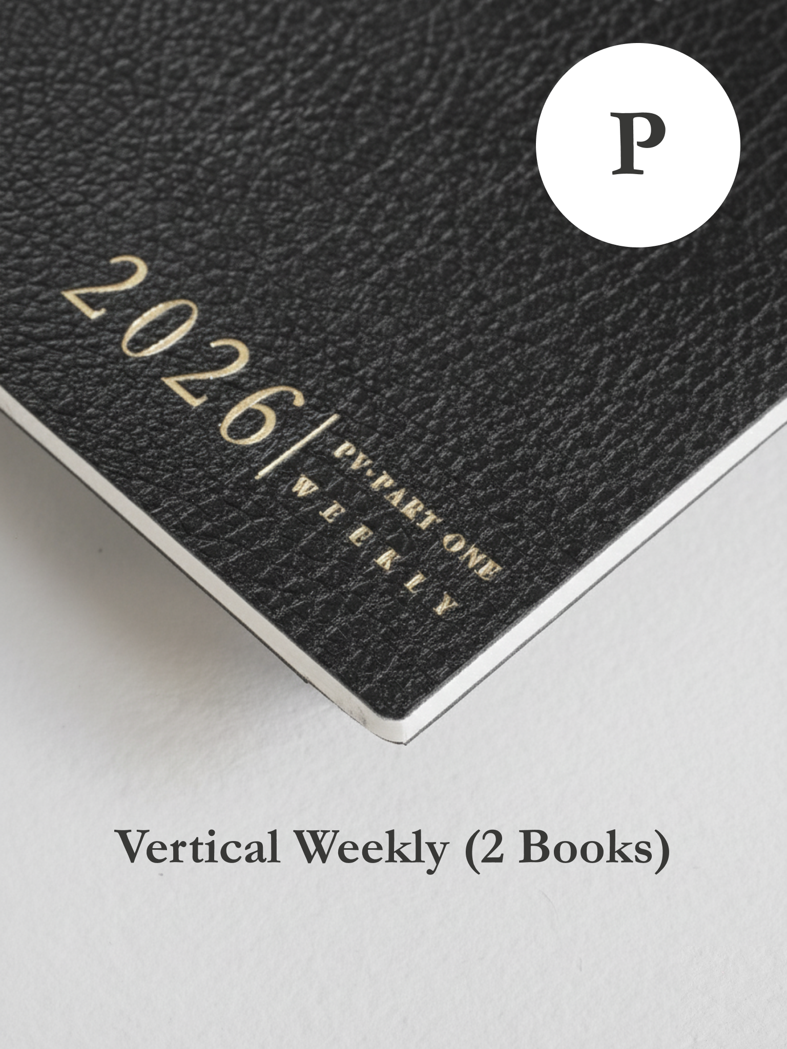Sleek black weekly planner set for 2026, featuring contrasting minimalist metallic lettering and a clean, organized design.