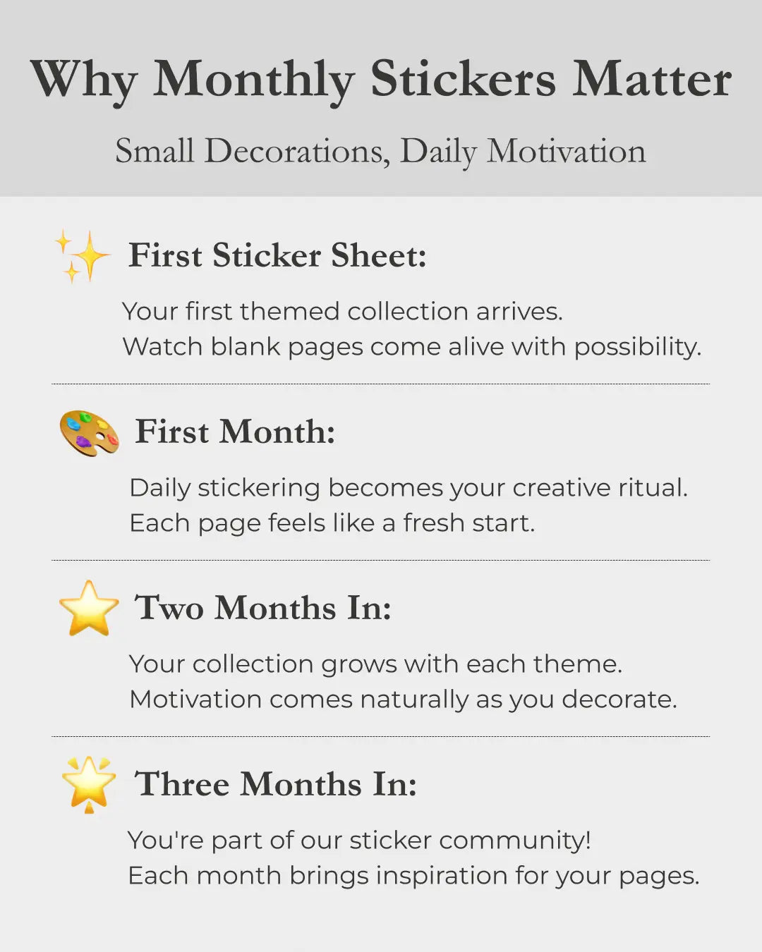 Text describing the benefits of monthly sticker sheets for daily motivation and creativity.