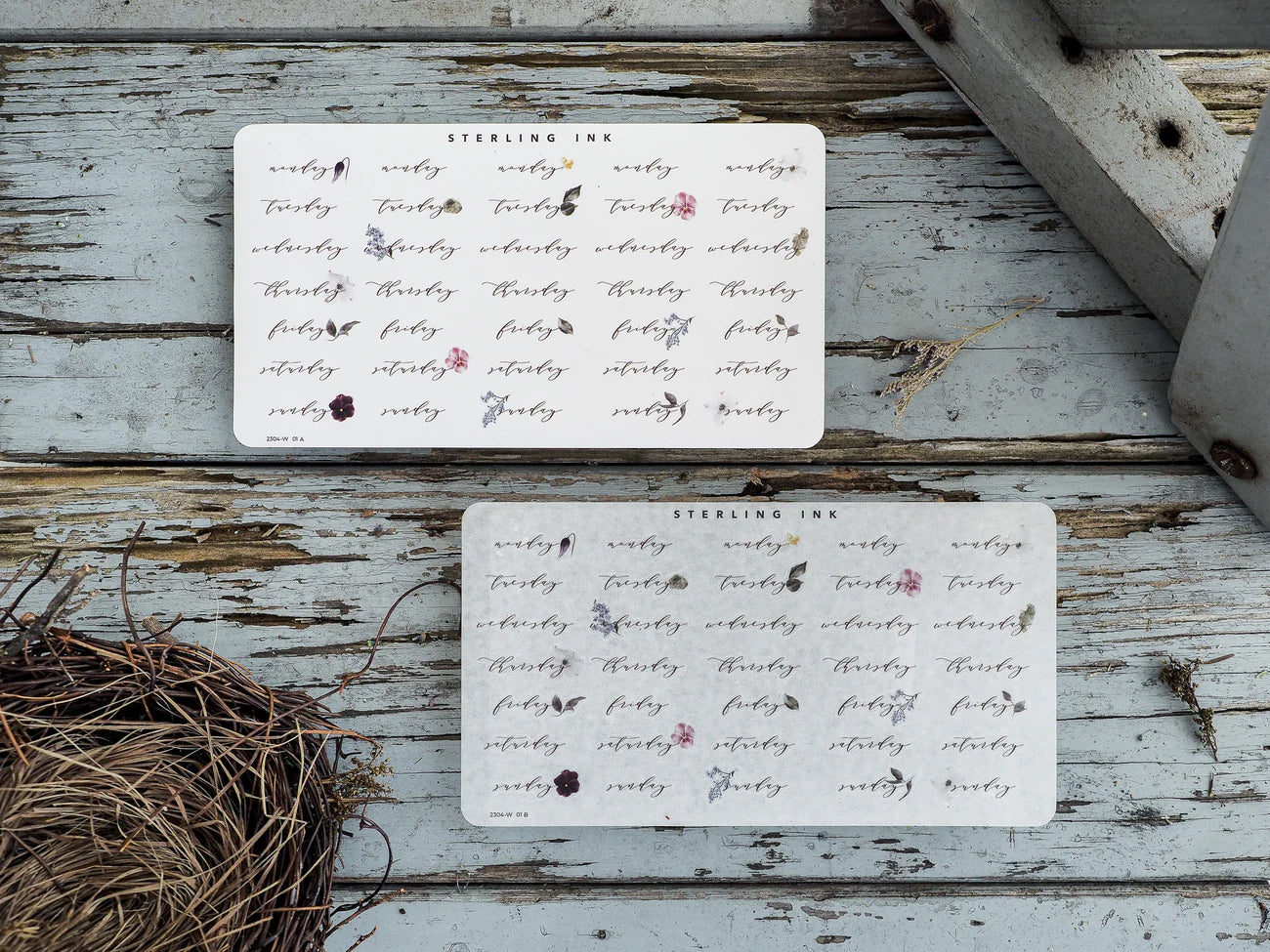 Three white decorative sticker sheets featuring vintage floral and botanical designs, ideal for planning and journaling through the months of the year.