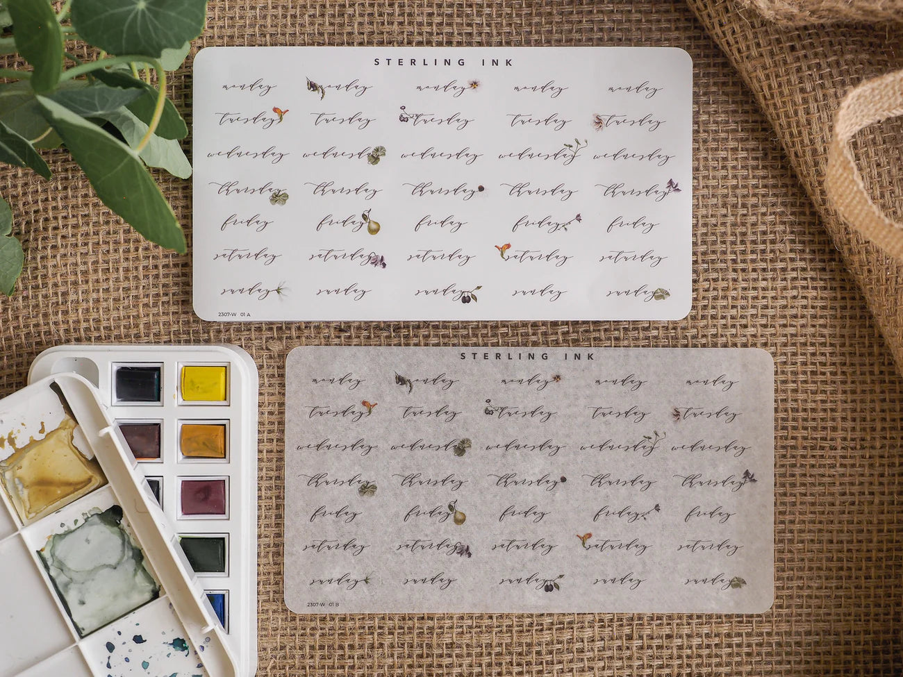 A collection of white, floral-themed weekly planning stickers for journaling and tracking, featuring days of the week and botanical illustrations.