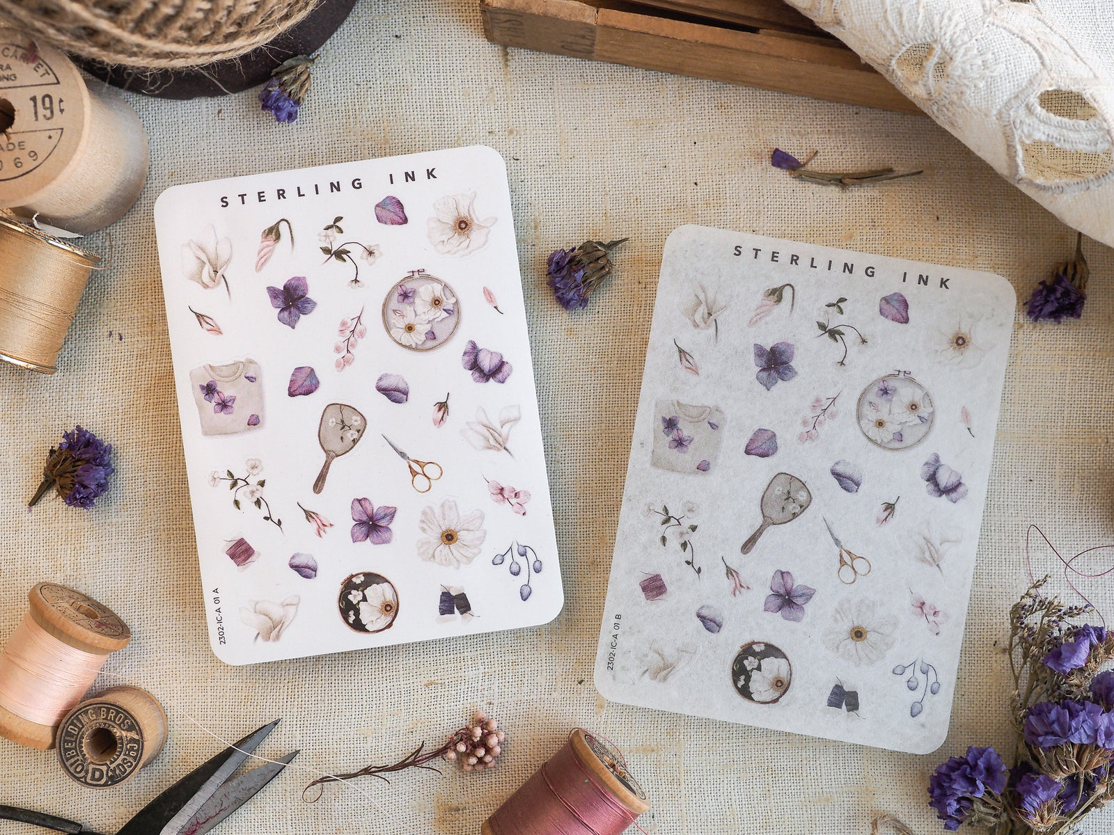 Botanical sticker sheets featuring "Sterling Ink" motifs, including pastel flowers, leaves, and vintage icons like scissors and pots.