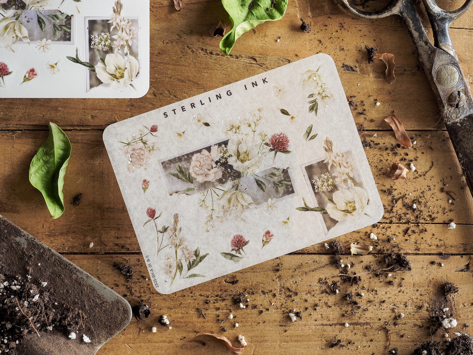 A sticker sheet with corner accents, adorned with vintage botanical illustrations of delicate pressed flowers and earthy green foliage.