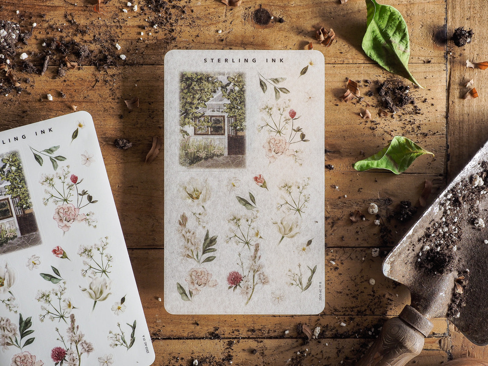 Botanical sticker set featuring delicate, soft pastel floral arrangements, intricate greenery, and charming cottage illustrations.