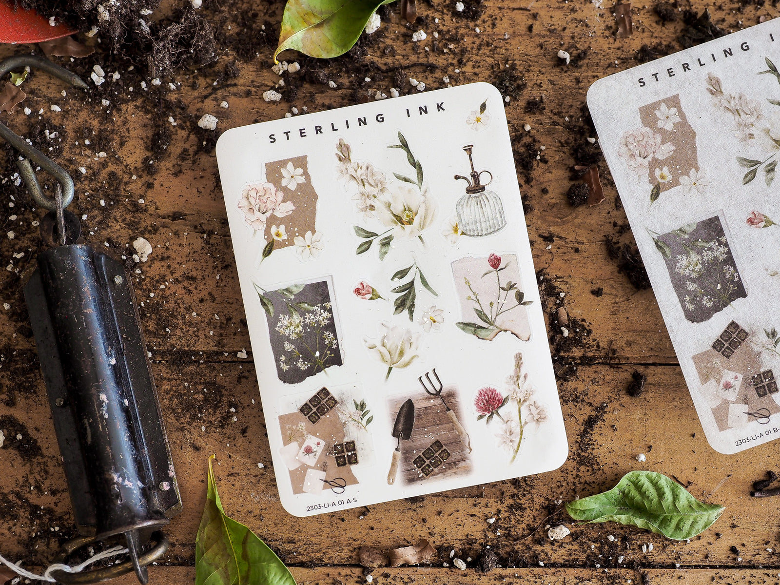 Muted botanical icon sticker sheets featuring dried flowers, vintage apothecaries, and natural elements on cream background paper.