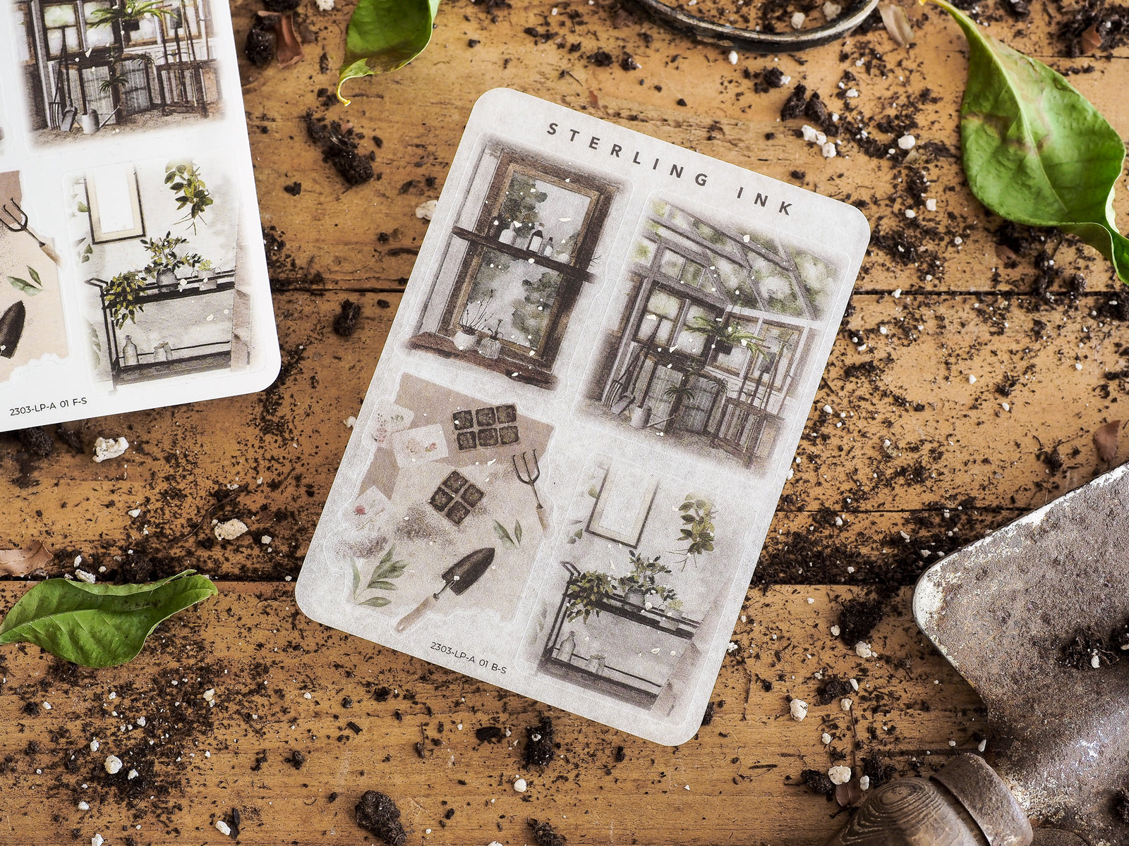 Detailed illustration sticker sheets featuring vintage architectural line art sketches of windows, homes, and potted plants.