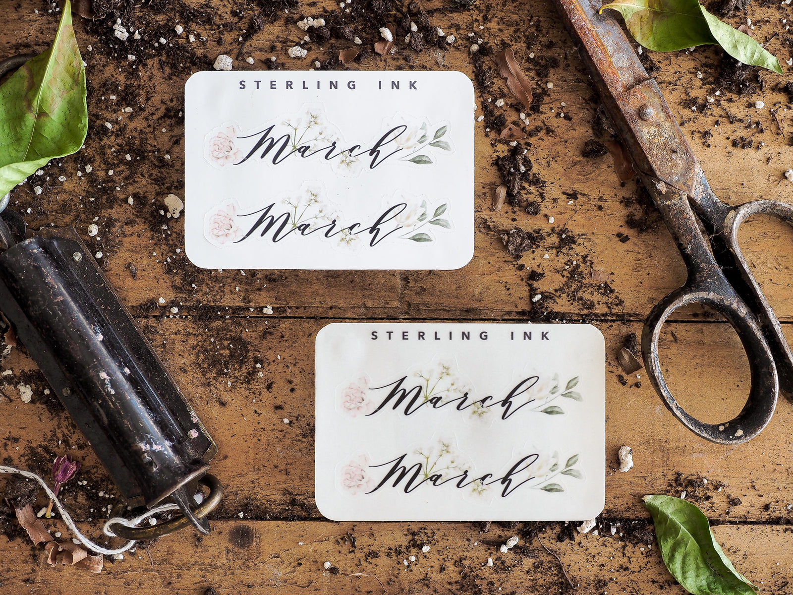 Seasonal "March" month stickers with a beautiful vintage floral design, featuring delicate green and blush watercolor botanical accents on elegant cream paper.