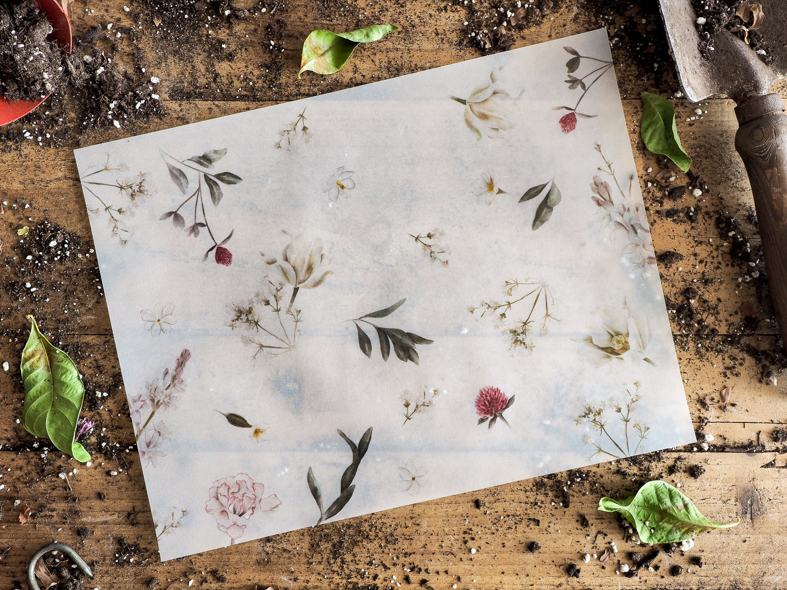 Delicate botanical vellum sheet featuring an ethereal pattern of muted dried flowers, delicate stems, and pressed leaves, suitable for journaling or crafting.
