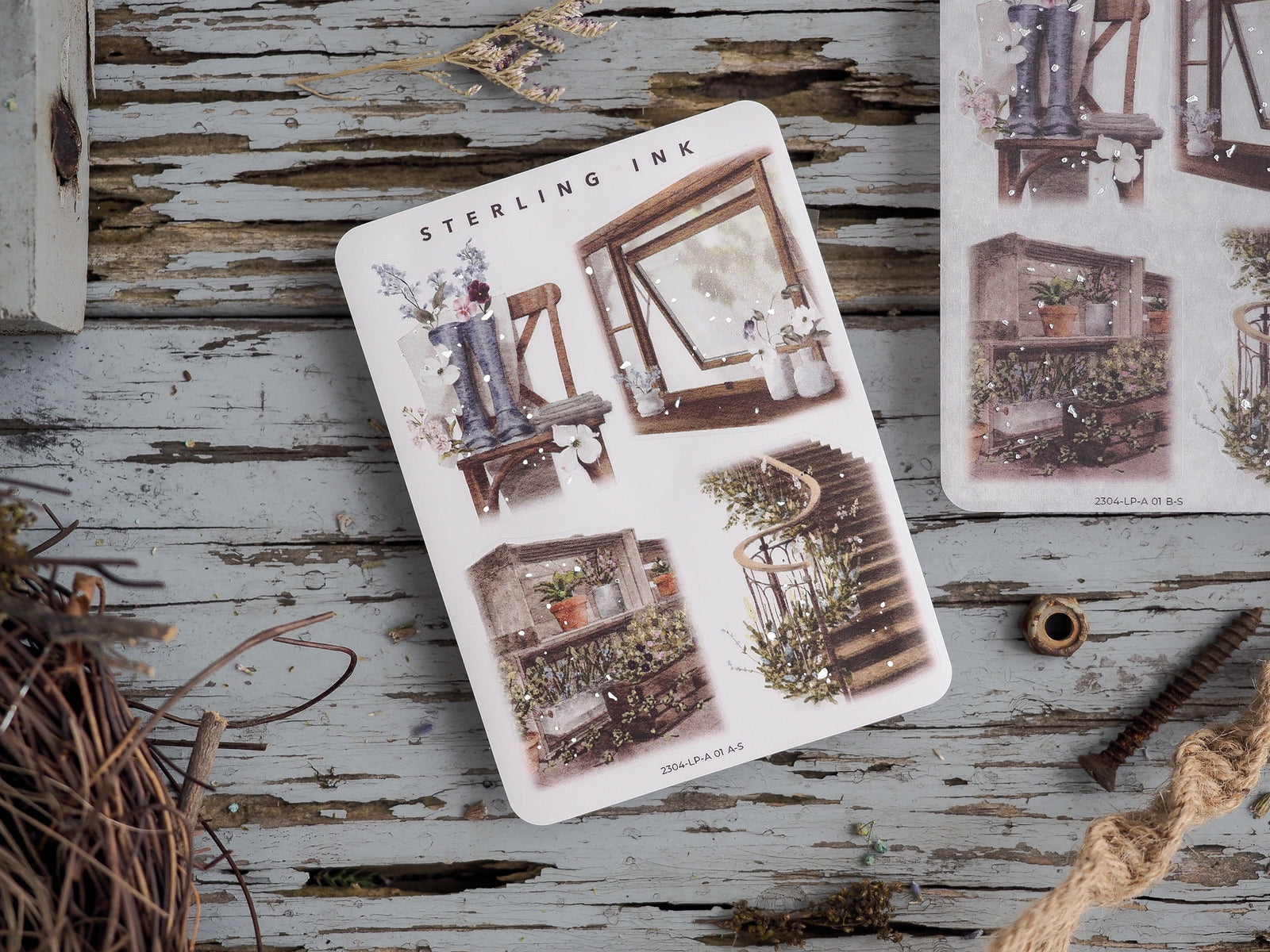 Rustic sticker sheet featuring detailed botanical illustrations of potted plants, antique chairs, and vintage window boxes.