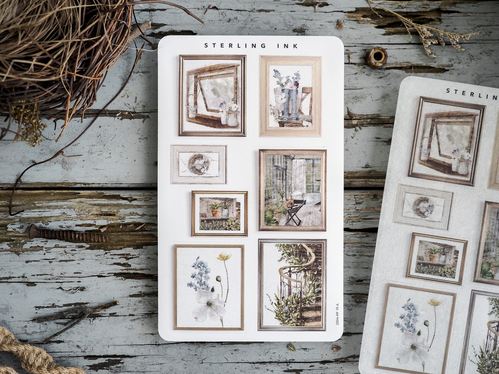 Vintage picture frame stickers featuring botanical, rustic, and floral watercolor designs with muted sepia tones for crafting and journaling.