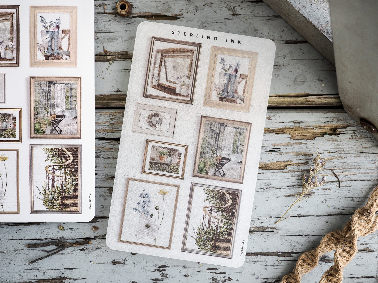 Vintage picture frame stickers in sepia tones, featuring decorative collages of rustic interiors, antique furniture, and botanical elements for crafting.