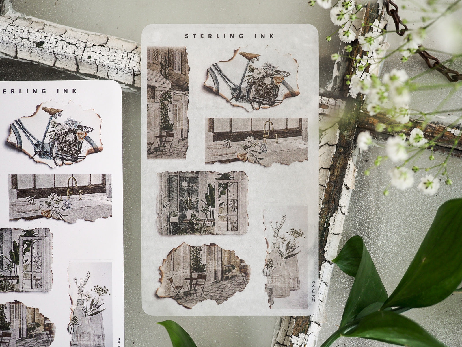 Torn paper sticker sheets featuring black and white illustrations of rustic interiors, architecture, and delicate botanical elements.