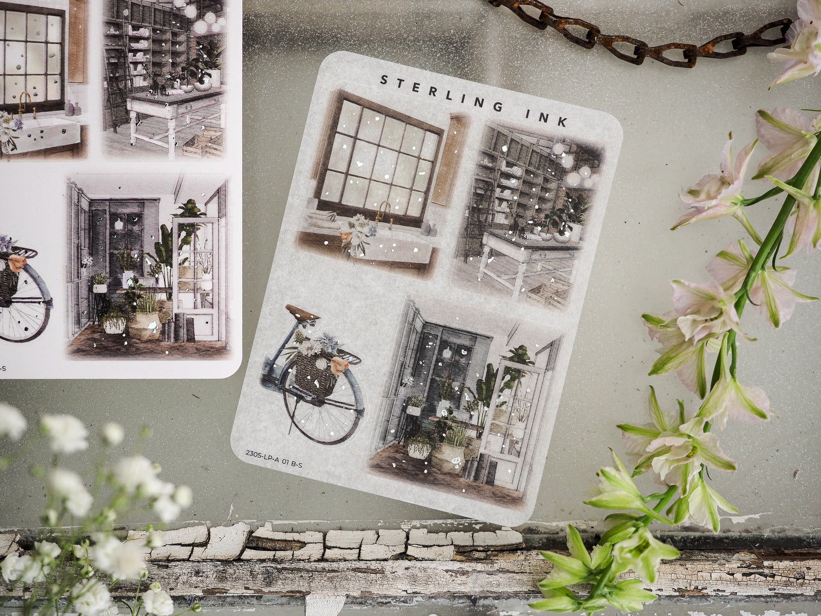 Detailed sticker set featuring vintage black and white illustrations of European street scenes, storefront windows, and architectural details.