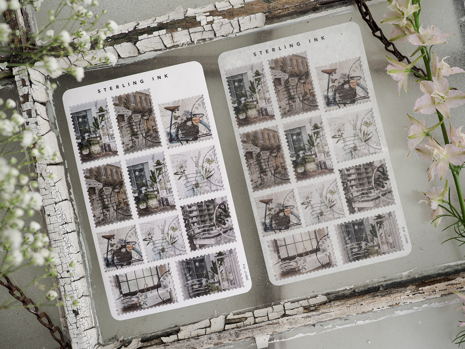 Two sheets of 'Stamps Stickers - May 2023' featuring sepia-toned, vintage architectural designs of windows, gears, and engraved decorative elements.