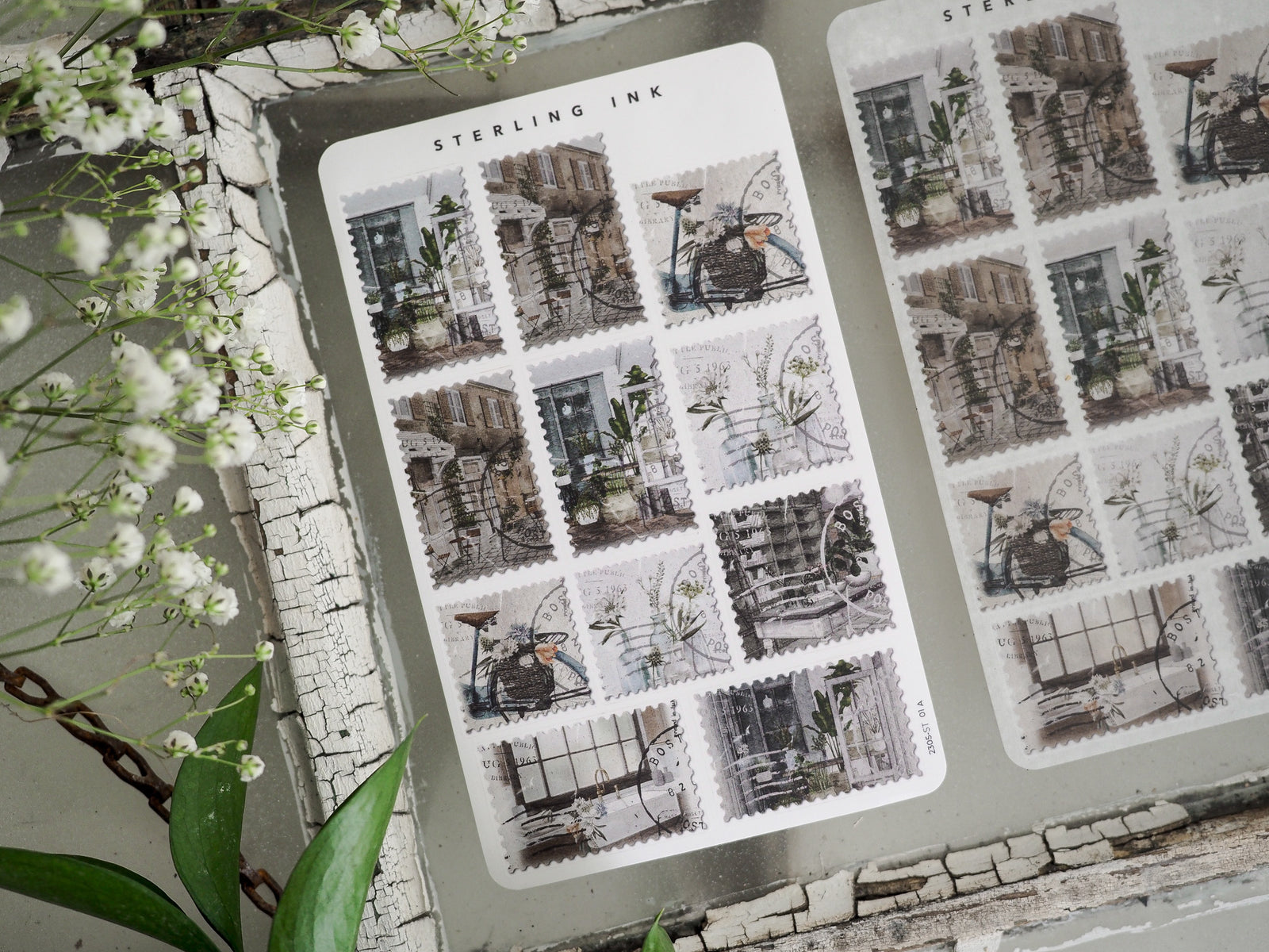 Vintage sepia sticker sheet featuring a grid of monochrome architectural designs, depicting aged city buildings, windows, and wrought iron details.