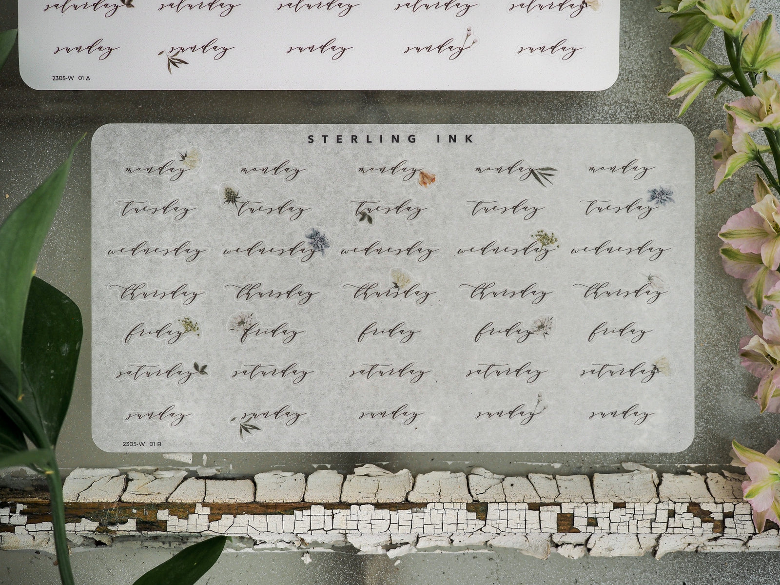 Weekly calendar stickers for May 2023, featuring the days of the week printed on white paper and decorated with delicate botanical drawings for planning and journaling.