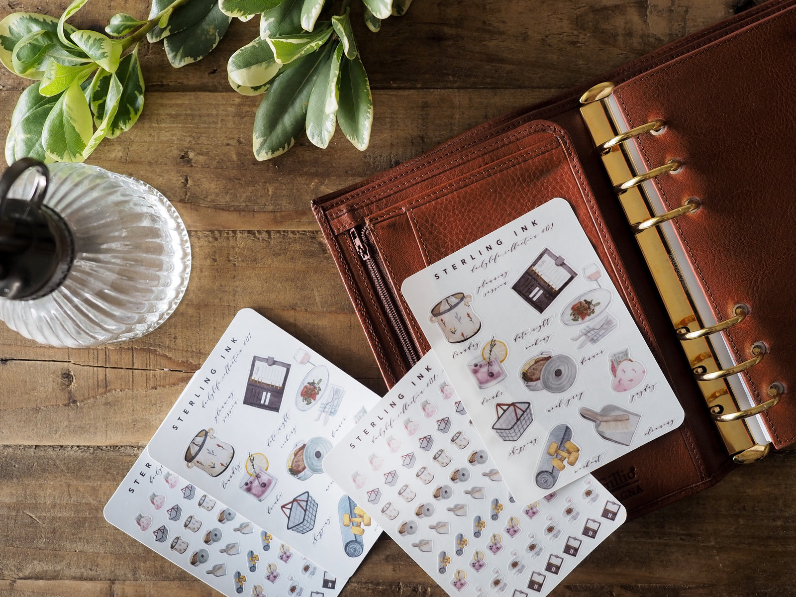 Retro stationery sticker set: vintage ink bottles, pens, notebooks, art supplies, and charming academic desk tools.