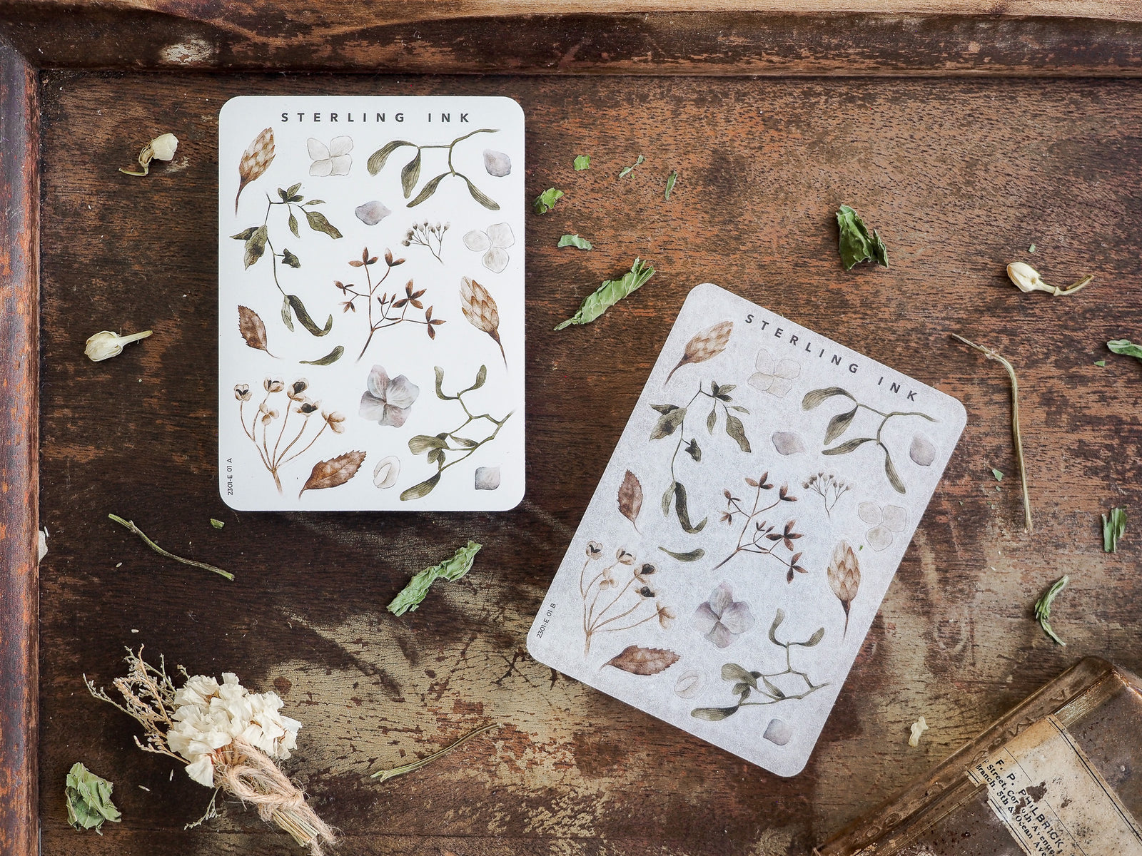 A collection of delicate botanical elements stickers featuring natural leaves, small flowers, and stems in soft sepia and sage tones.