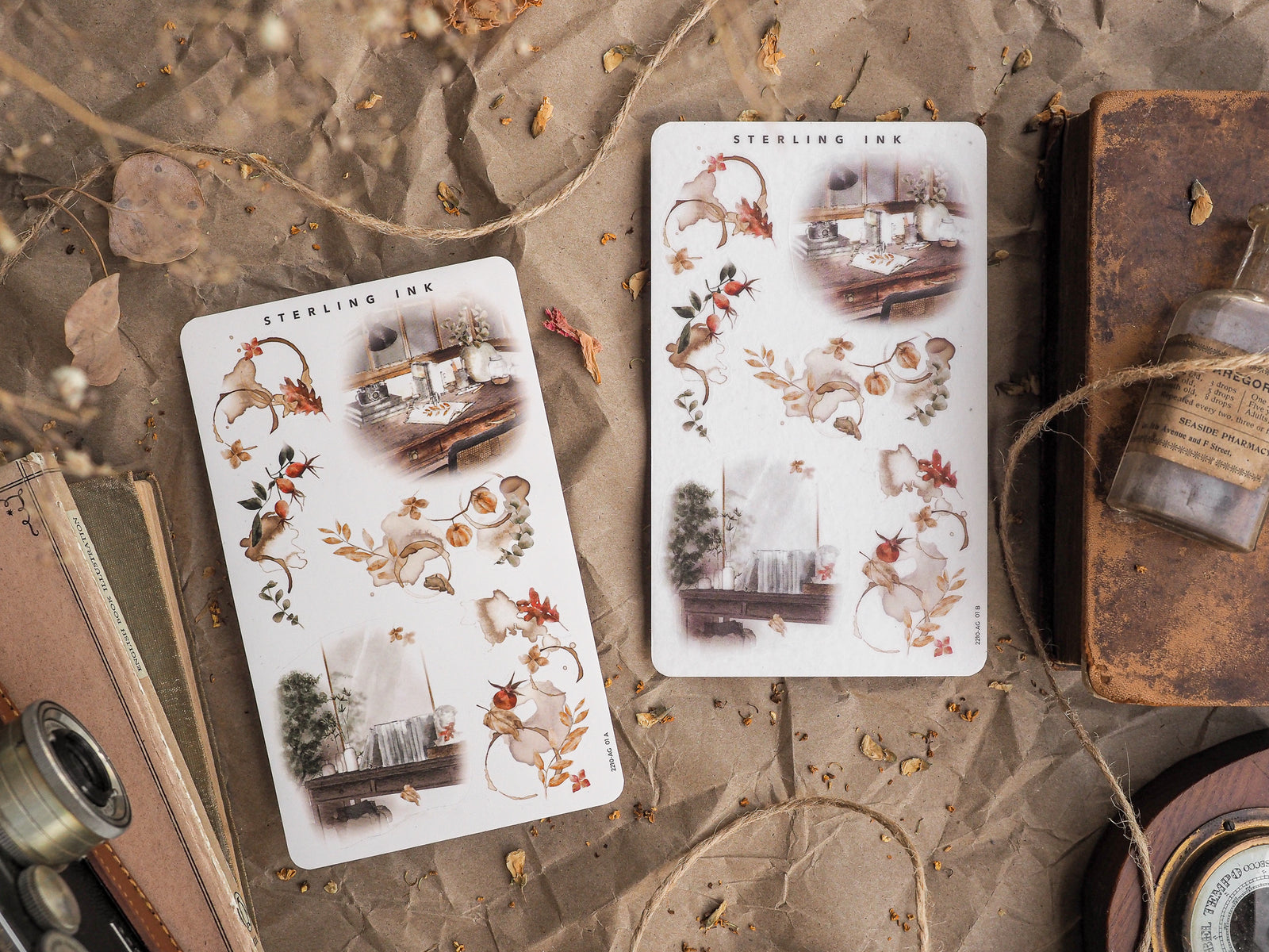 Autumn arrangement sticker set featuring watercolor illustrations of rustic florals, berries, and seasonal decor perfect for journaling and crafting.