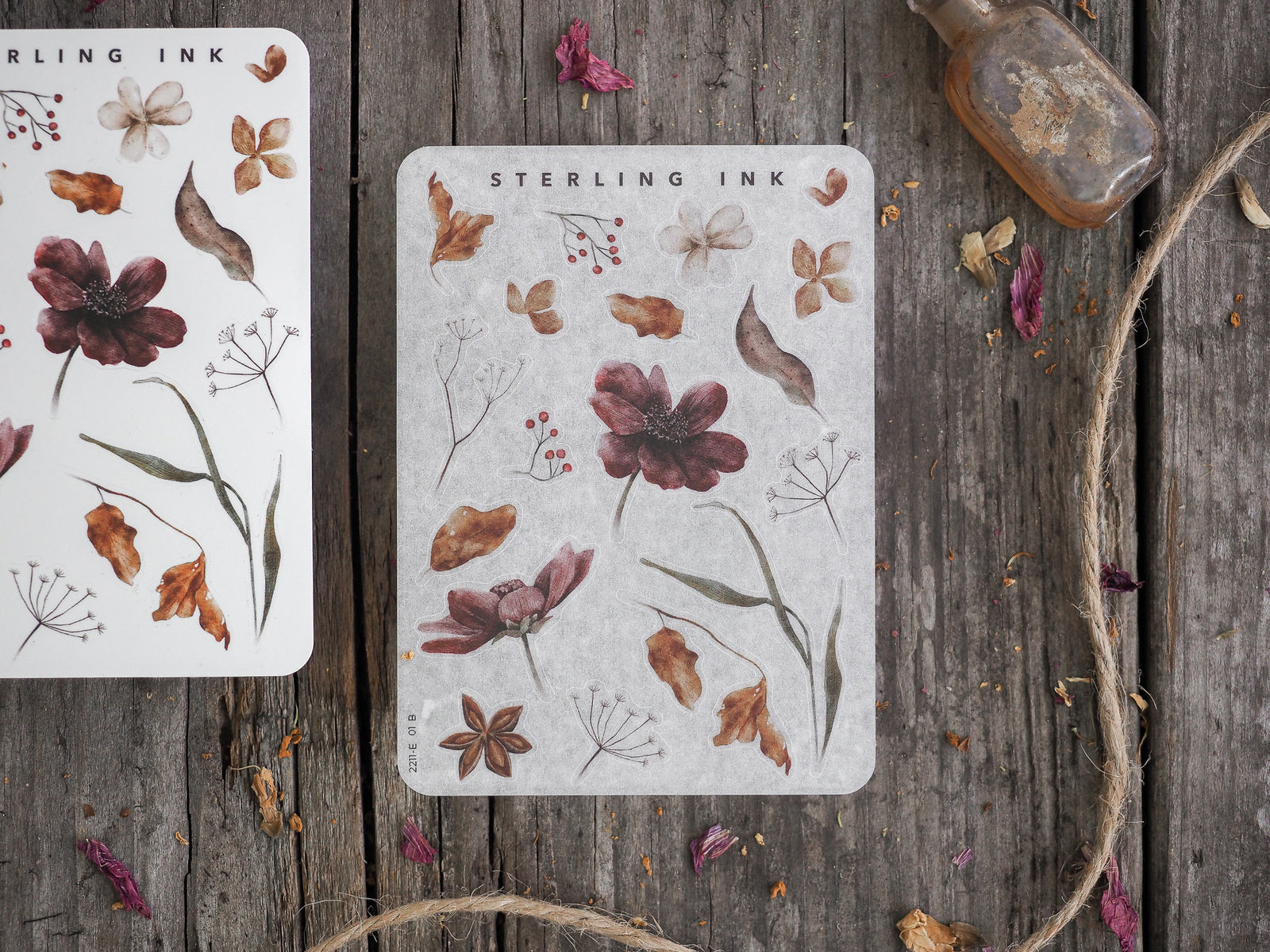 Botanical sticker set featuring detailed autumn illustrations of deep burgundy flowers, brown foliage, and delicate white wildflower elements.