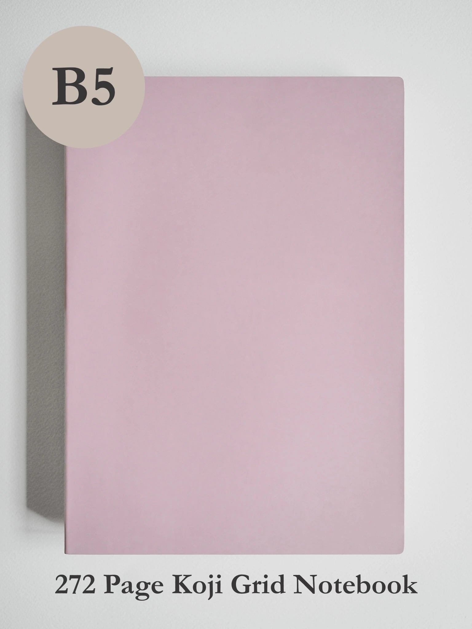 A light pink B5 size koji grid notebook shown against a light gray background, with a beige circle label reading 'B5' in the top left and text at the bottom reading '272 Page Koji Grid Notebook'.
#Color_Fairyfloss