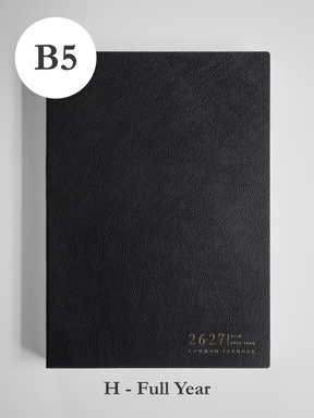 Matte black B5 academic planner featuring a faux-leather cover, designed horizontally and stamped with "2026-2027 Common Planner" for full-year use.