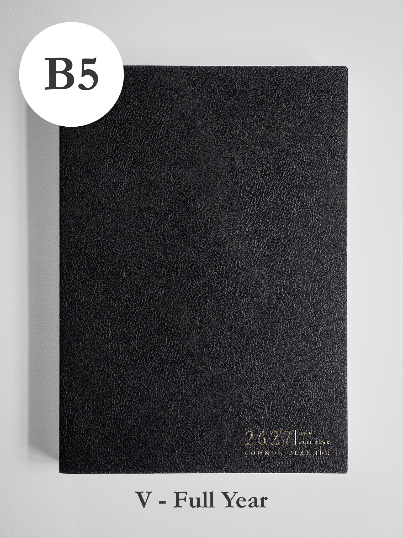Black textured B5 academic planner for 2026-2027, featuring "Common Planner" debossed in a metallic finish.