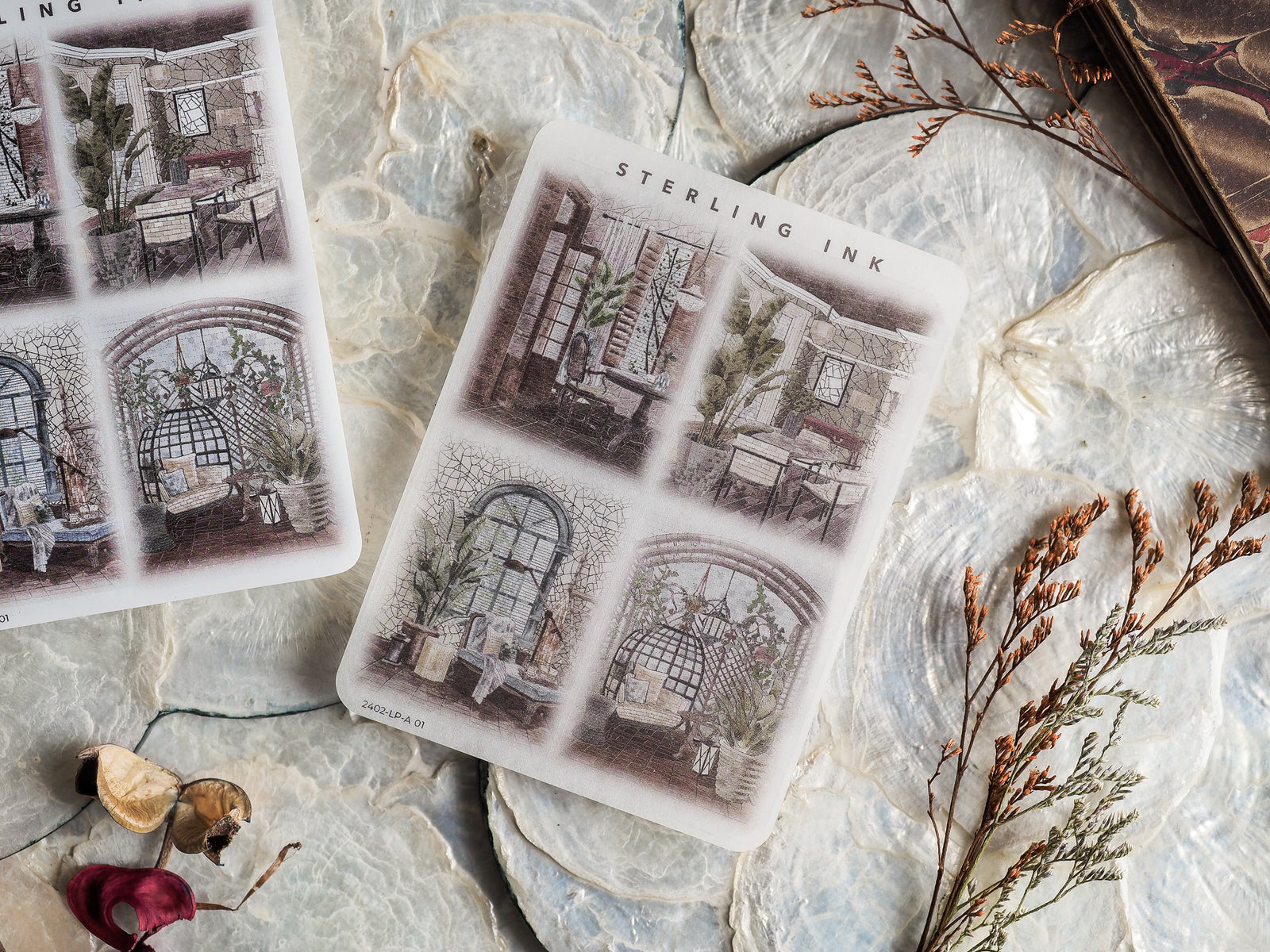 Detailed set of vintage illustration stickers featuring sepia-toned architectural sketches of arched windows, conservatories, and old buildings.