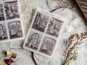 Detailed set of vintage illustration stickers featuring sepia-toned architectural sketches of arched windows, conservatories, and old buildings.